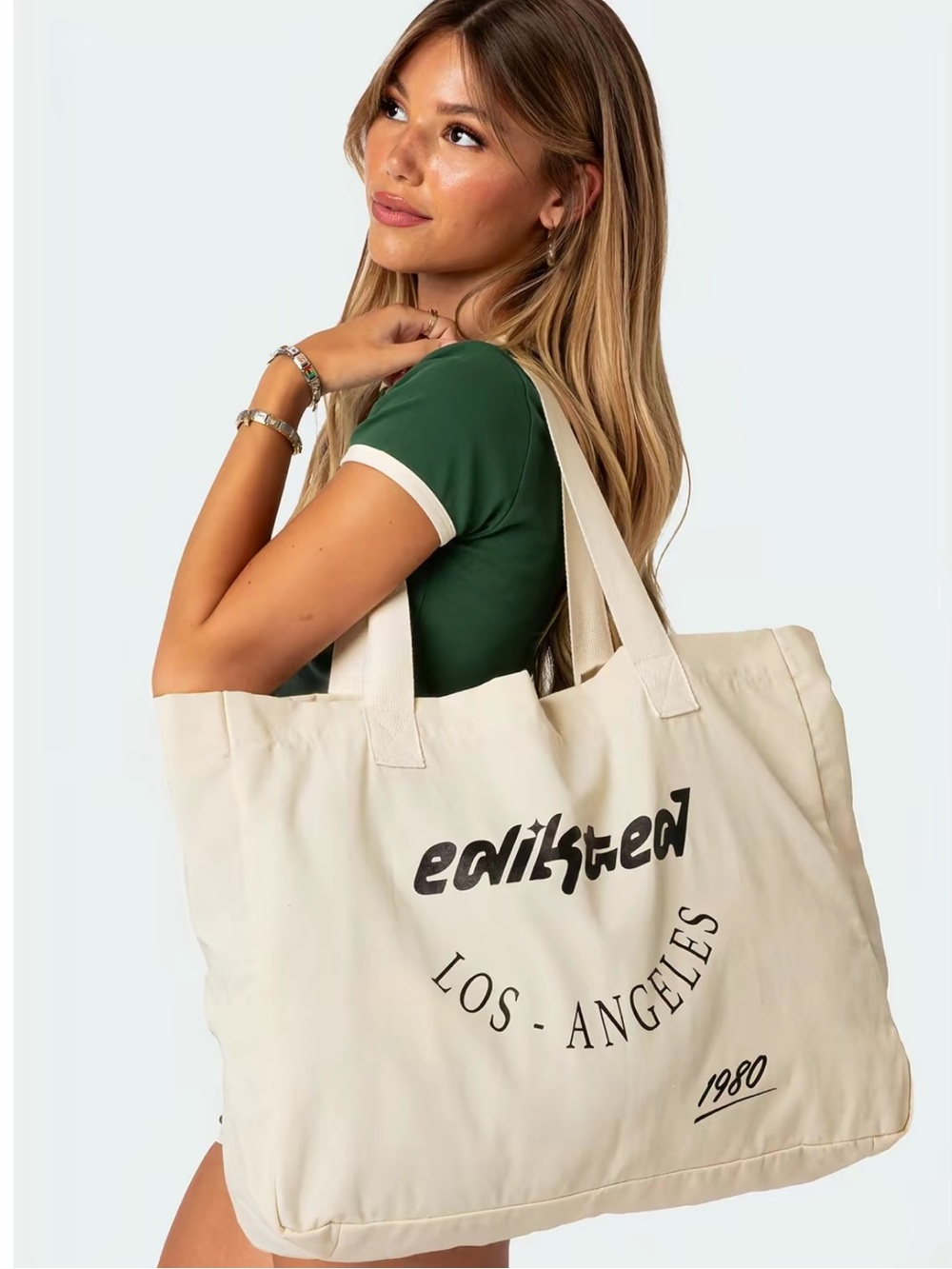 Edikted Canvas Tote Bag with Black Los Angeles Graphic